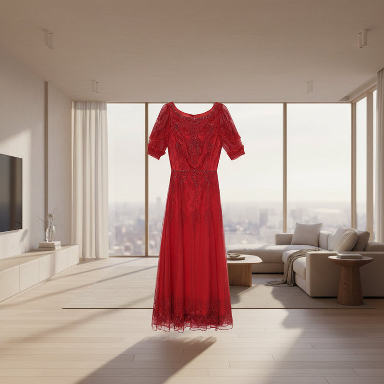 Red lace dress on a white background