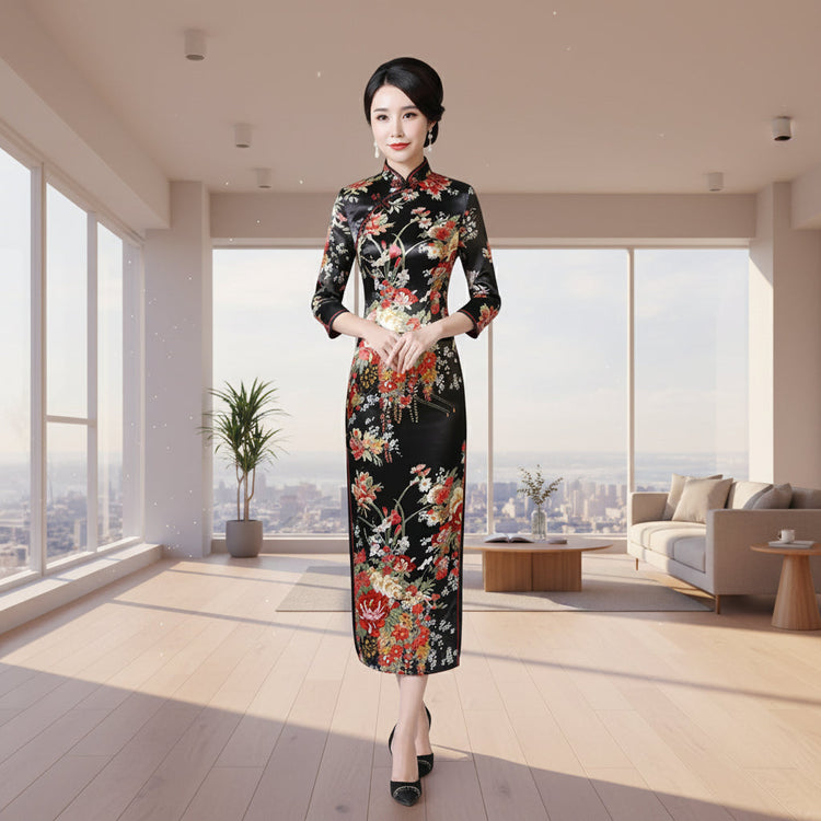 Woman in a floral dress standing in a room with decorative elements.