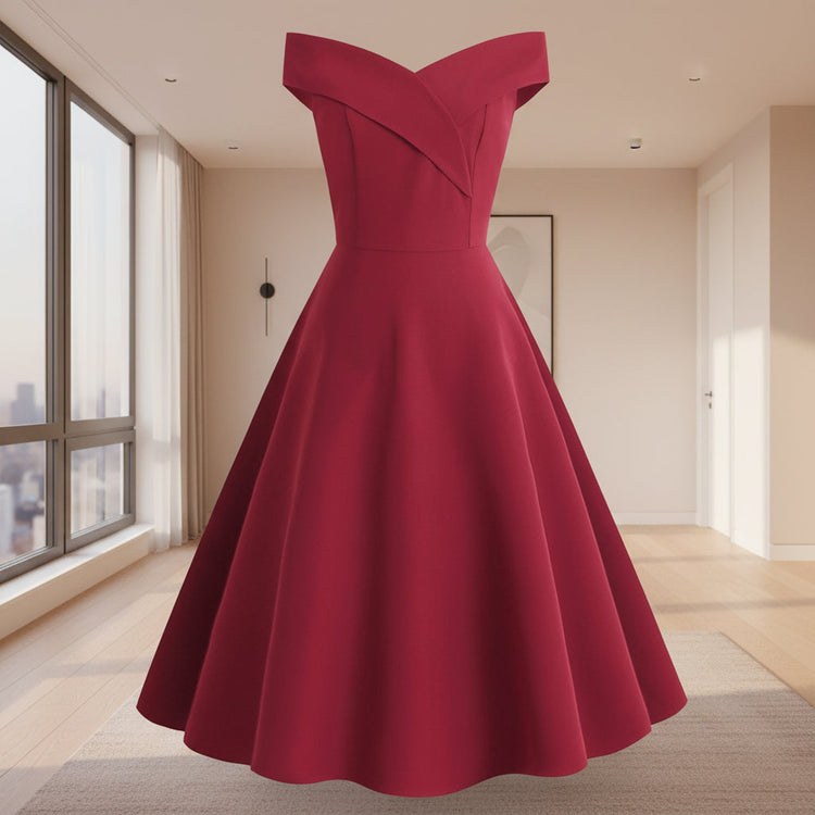 Red off-shoulder dress on a white background